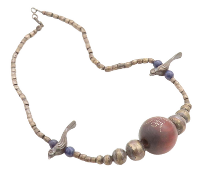 925 Sterling Silver Vintage Sodalite Bird Beaded Chain Necklace NE1421