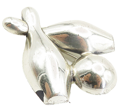 BEAU 925 Sterling Silver  Vintage Shiny Bowling Ball & Pins Brooch Pin  BP3303