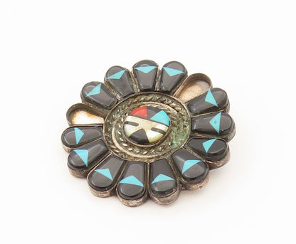 ZUNI NAVAJO 925 Silver  Vintage Onyx Turquoise & Stones Flower Pendant PT21975