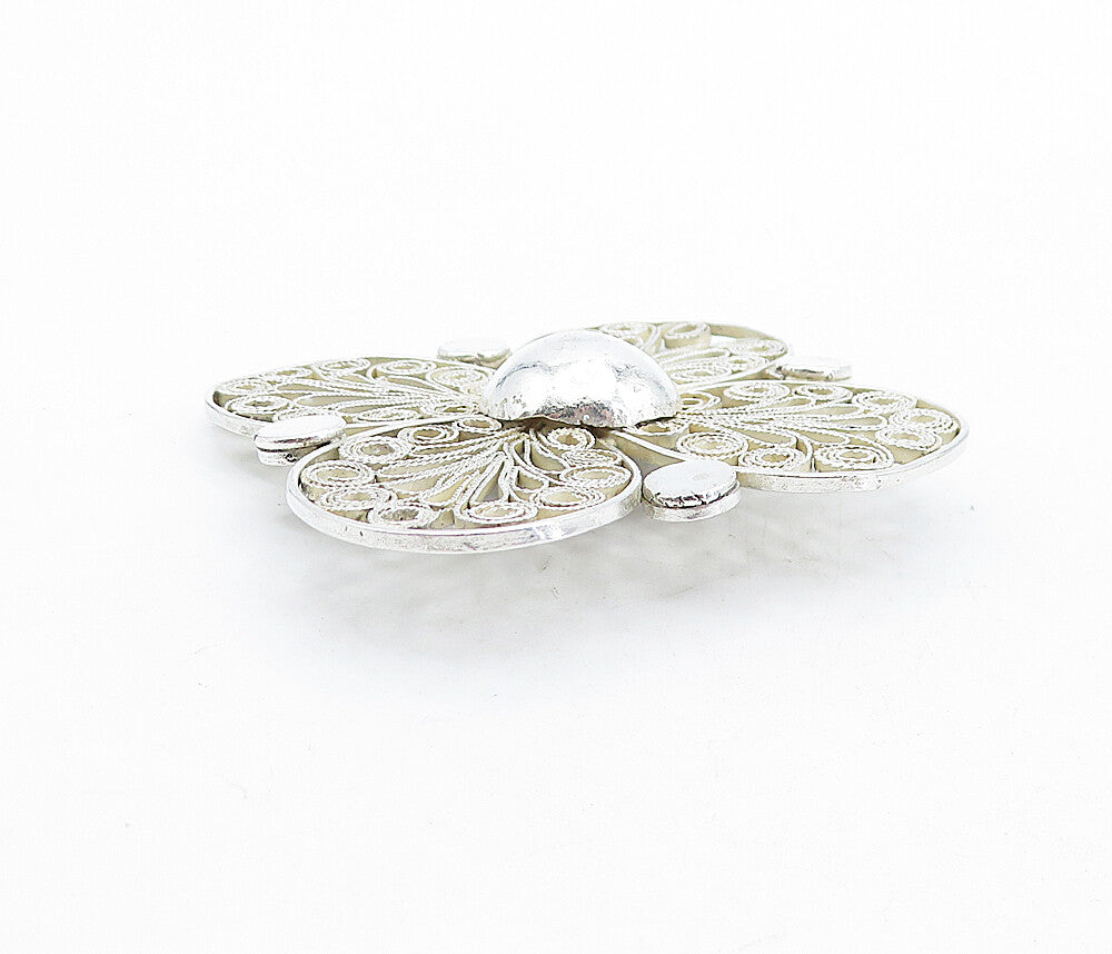 925 Sterling Silver  Vintage Shiny Floral Swirl Filigree Brooch Pin  BP1745
