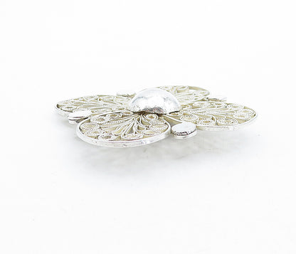 925 Sterling Silver  Vintage Shiny Floral Swirl Filigree Brooch Pin  BP1745