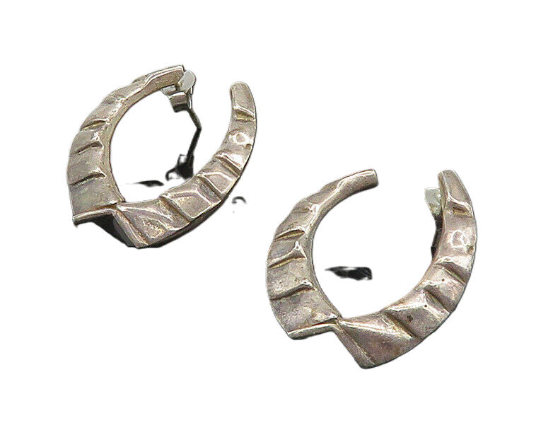 925 Sterling Silver  Vintage Dark Tone Chiseled UShape Hoop Earrings  EG9709