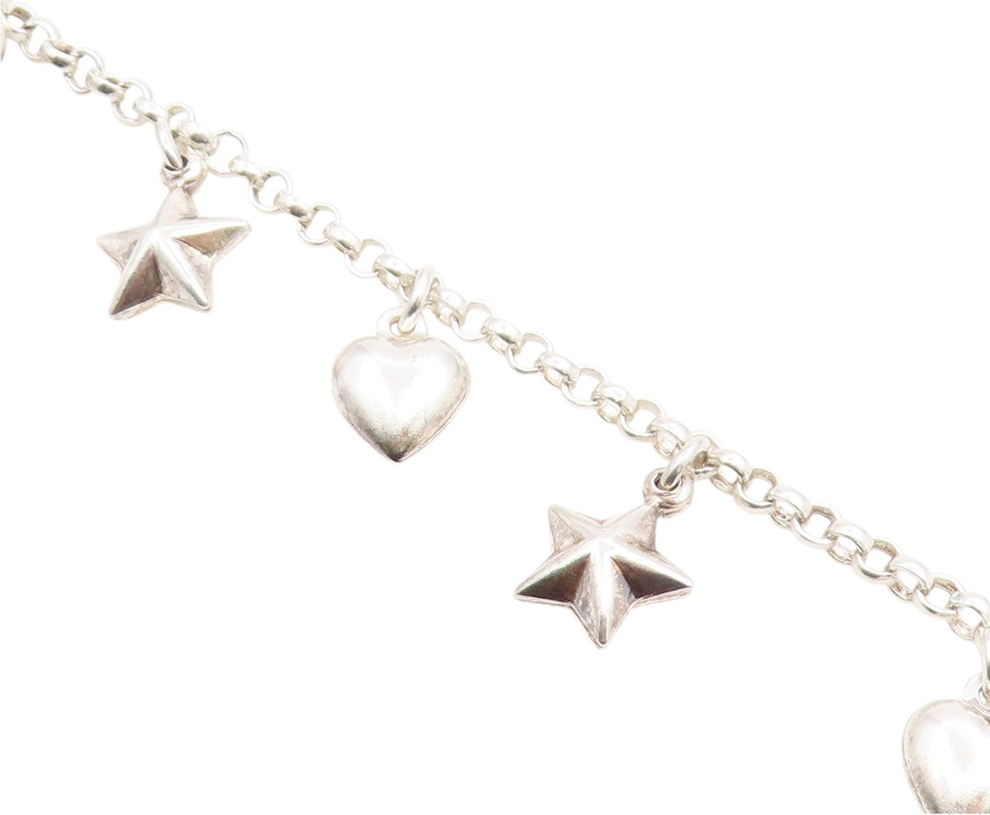 925 Sterling Silver Vintage Bracelet Modernist Love Heart & Star Dangle  BT12047