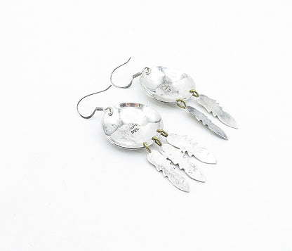 MEXICO 925 Sterling Silver  Vintage Two Tone Feather Dangle Earrings  EG2480