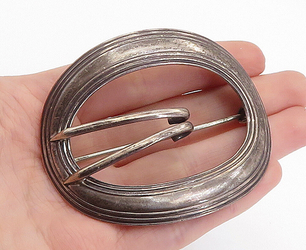 925 Sterling Silver  Vintage Antique Dark Tone Belt Buckle Brooch Pin  BP2258