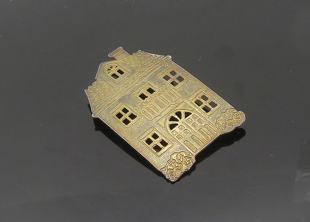 925 Sterling Silver  Vintage Dark Tone House Etched Detail Brooch Pin  BP7781
