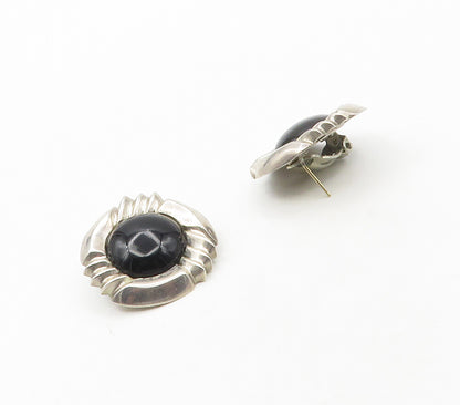 925 Sterling Silver  Vintage Cabochon Black Onyx Non Pierce Earrings  EG8478