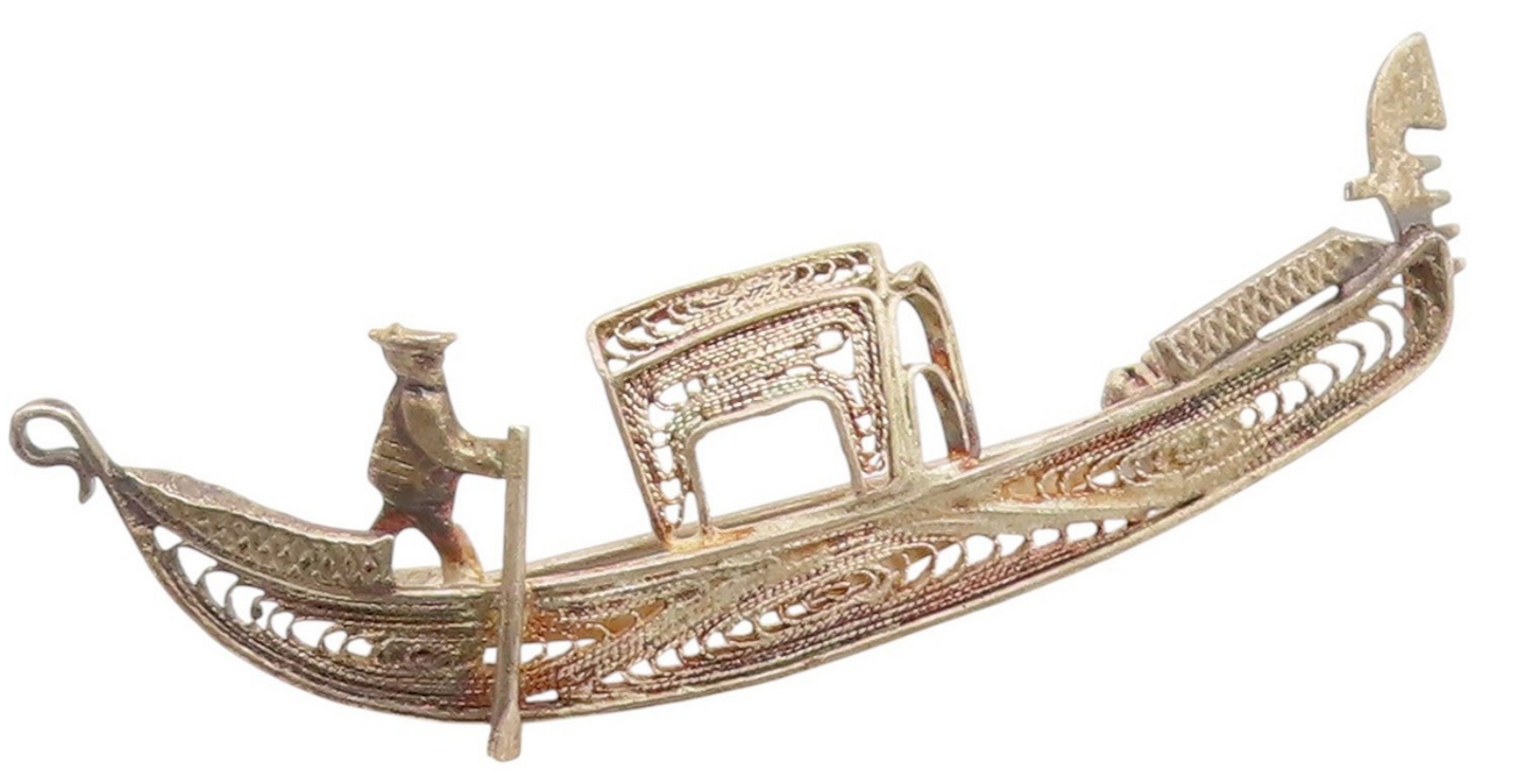 925 Sterling Silver Vintage Brooch Pin Filigree Miniature Gondola Boat  BP12450