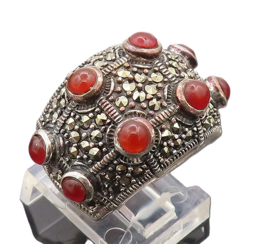 925 Sterling Silver Vintage Ring Large Cabochon Carnelian Marcasite Sz 6 RG27701