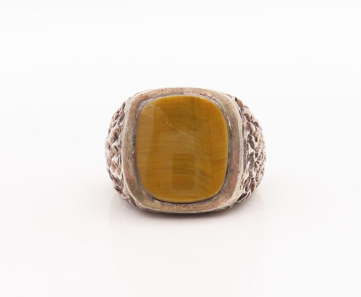 925 Sterling Silver Vintage Ring Brutalist Square Cut Tiger's Eye Sz 9.5 RG28982