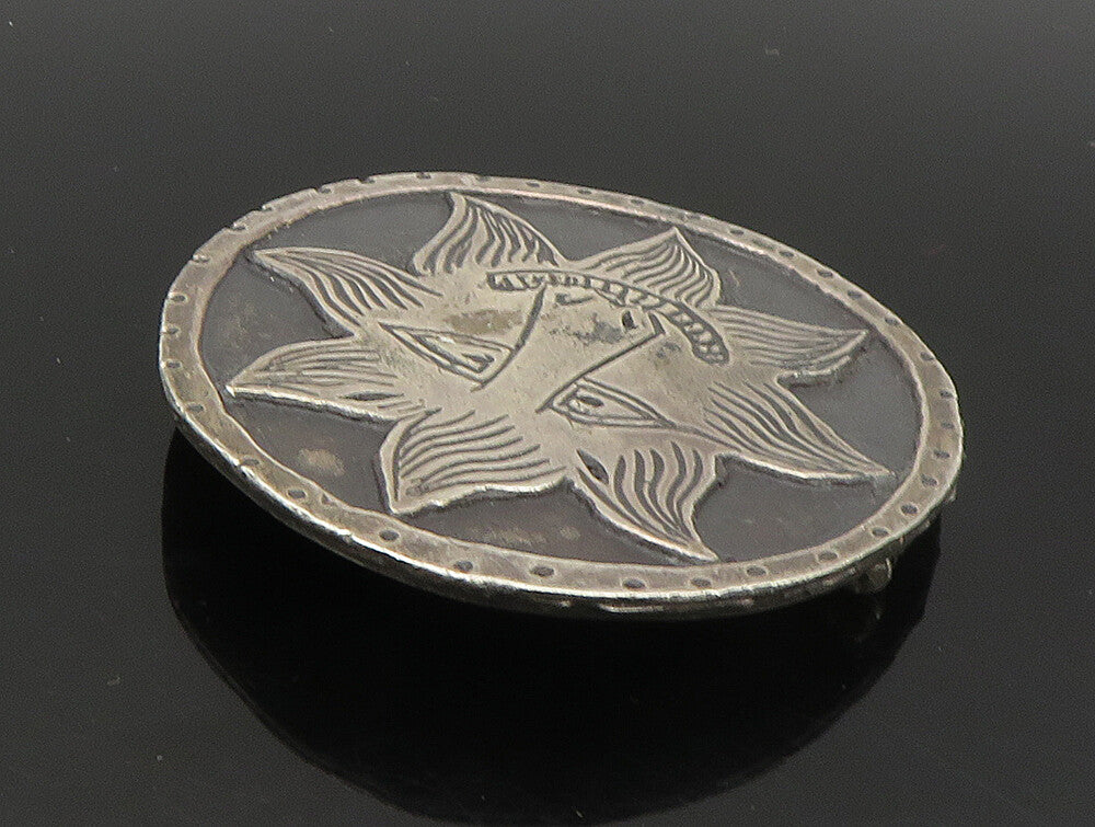 MMA 925 Sterling Silver  Vintage Dark Tone Etched Sun Face Brooch Pin  BP9336