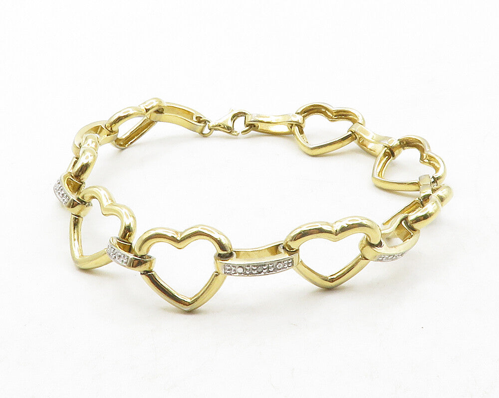925 Sterling Silver  Genuine Diamonds Gold Plated Heart Chain Bracelet  BT4967