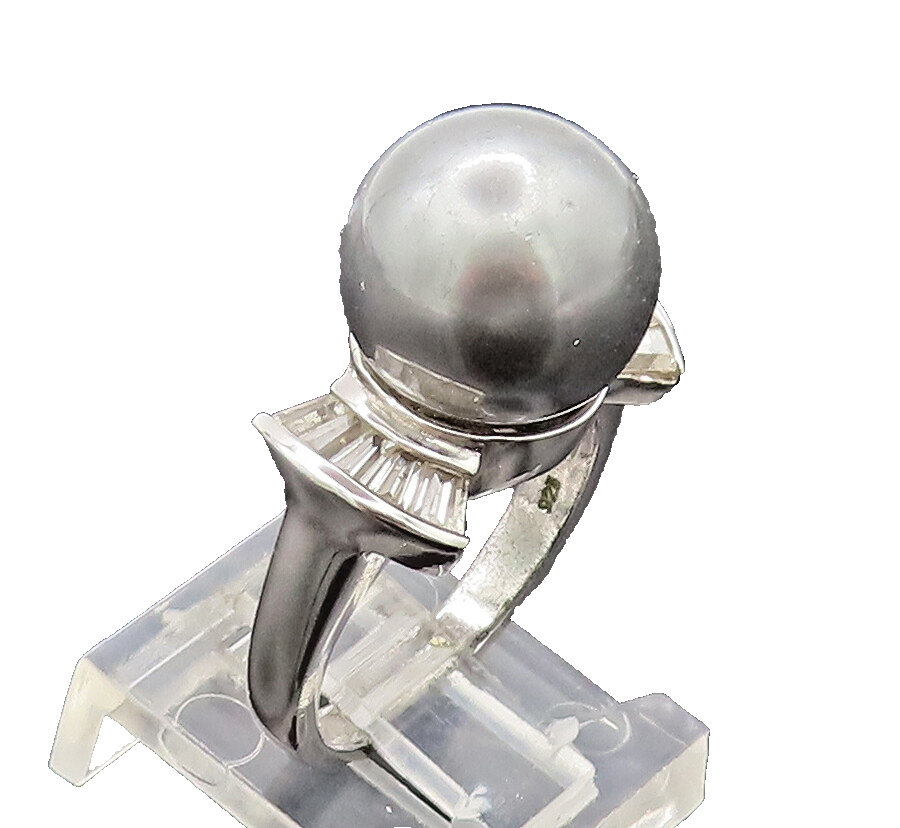 925 Sterling Silver Vintage Ring Large Pearl CZ Side Fan Effect Sz 6  RG27652