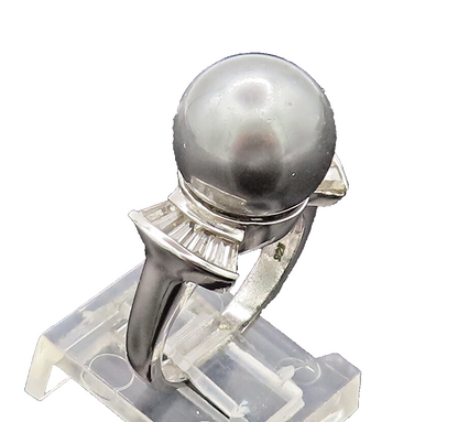925 Sterling Silver Vintage Ring Large Pearl CZ Side Fan Effect Sz 6  RG27652