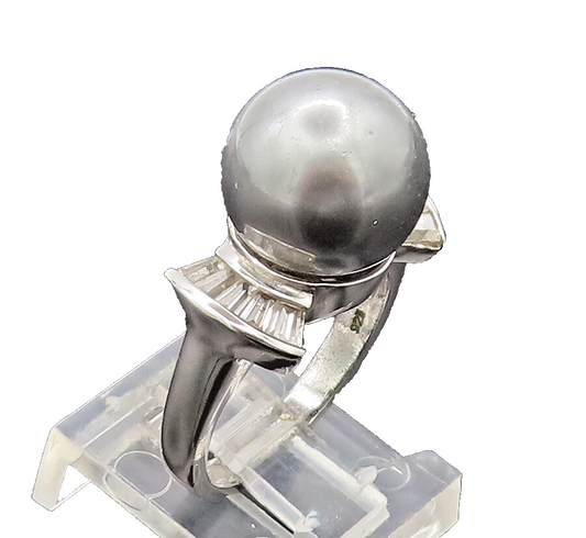 925 Sterling Silver Vintage Ring Large Pearl CZ Side Fan Effect Sz 6  RG27652