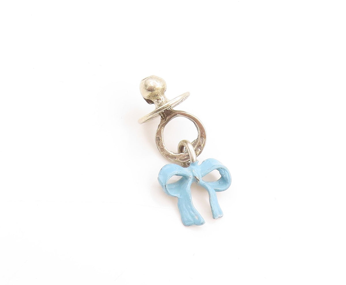 925 Sterling Silver Vintage Pendant Enameled Baby Pacifier Bow Charm  PT24634