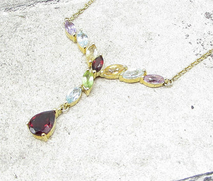 Gold Over 925 Silver Multi Colored Gemstones Lariat Chain Necklace PT1297