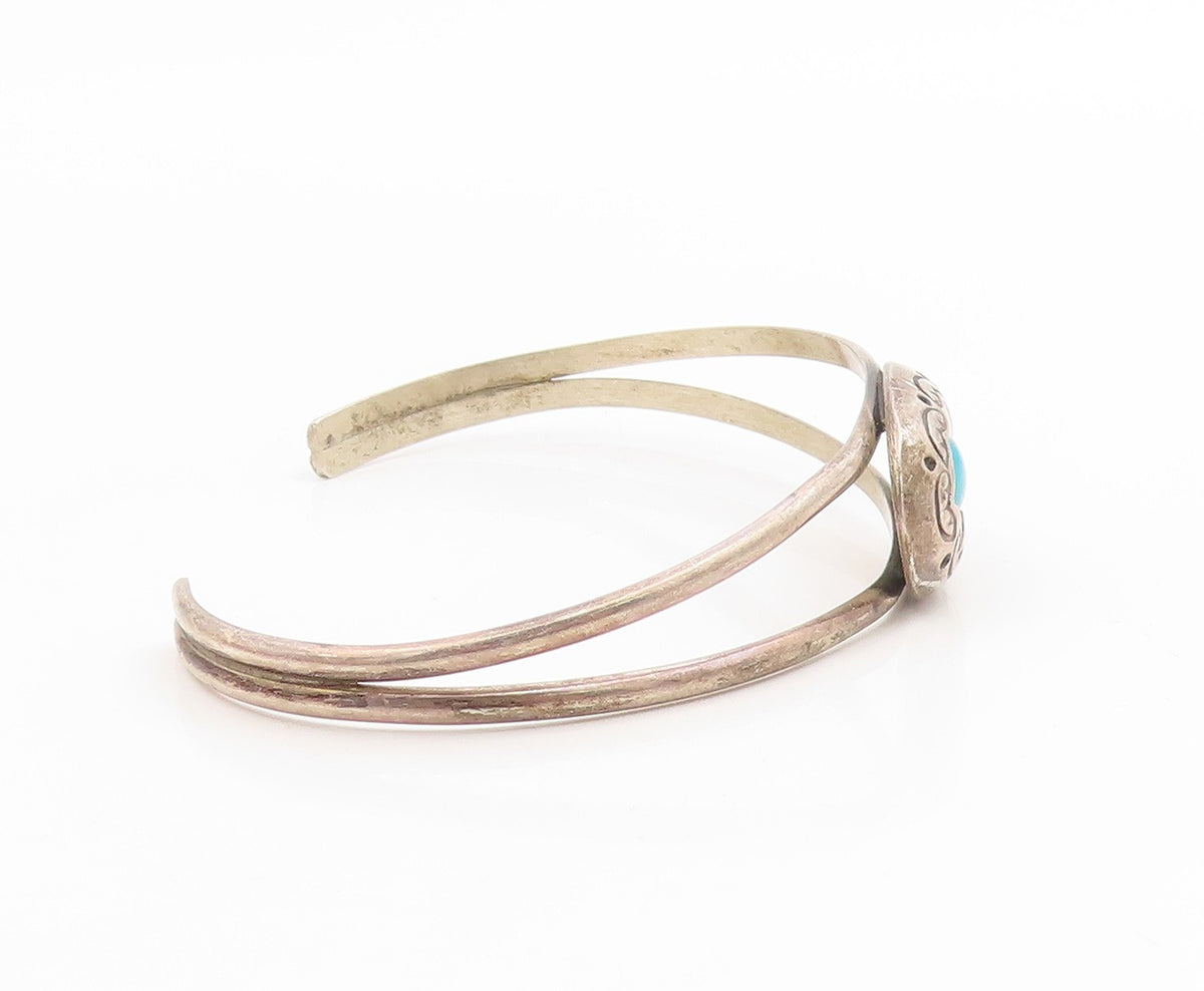925 Sterling Silver Vintage Bracelet NAVAJO Blue Turquoise Etched Cuff  BT11994