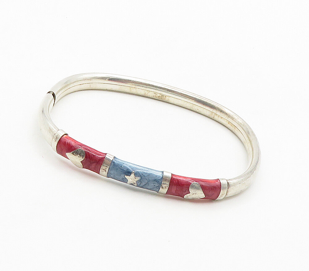 925 Sterling Silver  Vintage Enamel Love Heart Star Bangle Bracelet  BT6167