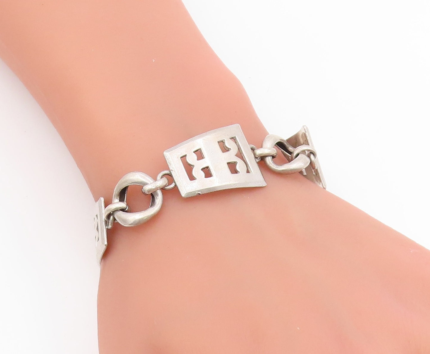 925 Sterling Silver Vintage Bracelet Modernist Cutout Pattern Link  BT11662
