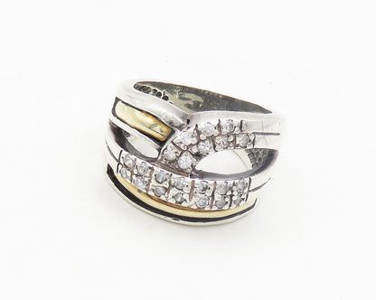 PE 925 Silver & 18K GOLD  Vintage Shiny Topaz Two Tone Band Ring Sz 8  RG19195