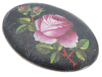 925 Sterling Silver  Vintage Enamel Rose Flower Art Oval Brooch Pin  BP3003