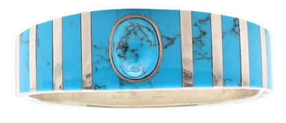 925 Sterling Silver Vintage Bracelet MEXICO Turquoise Inlay Bangle  BT11775