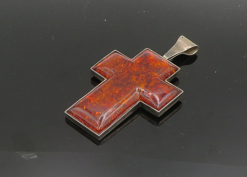 DTR JAY KING 925 Sterling Silver Vintage Amber Religious Cross Pendant PT15876