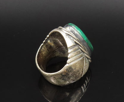 NAVAJO 925 Silver  Vintage Etched Lines Rope Twist Malachite Ring Sz 8 RG26119