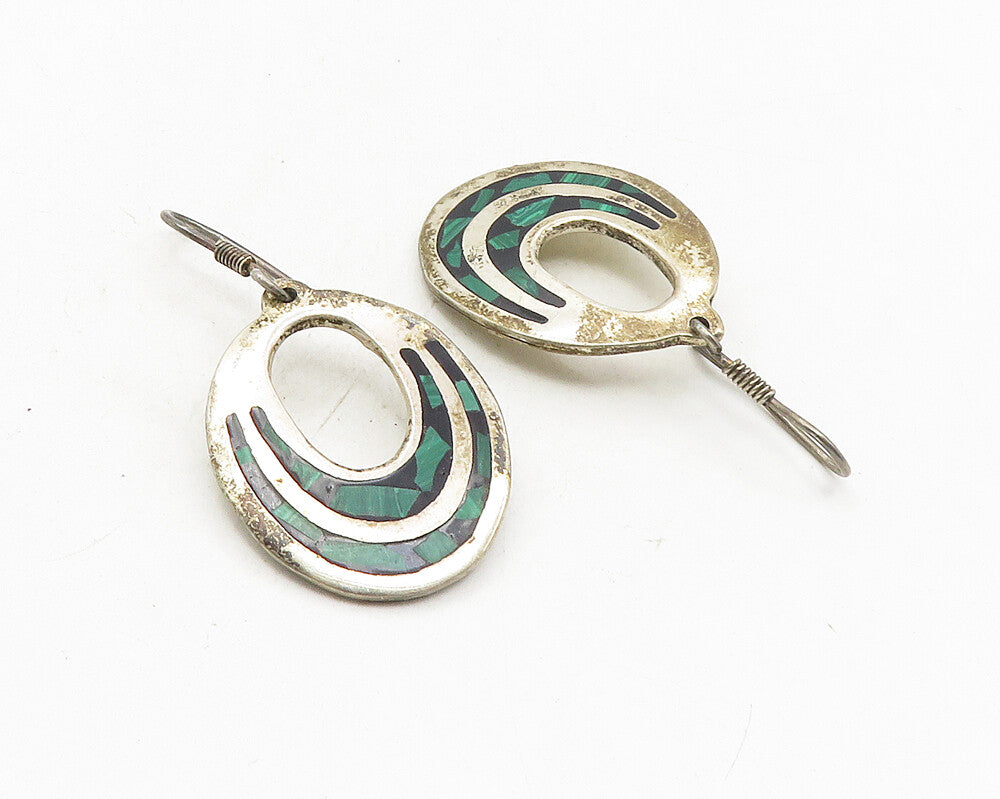 MEXICO 925 Sterling Silver  Vintage Malachite Mosaic Dangle Earrings  EG5333