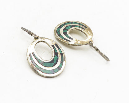 MEXICO 925 Sterling Silver  Vintage Malachite Mosaic Dangle Earrings  EG5333