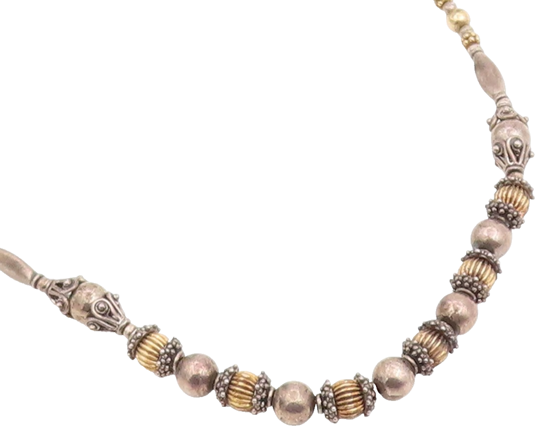 925 Sterling Silver Vintage Necklace Two Tone Bohemian Ethnic Bead Chain  NE4782