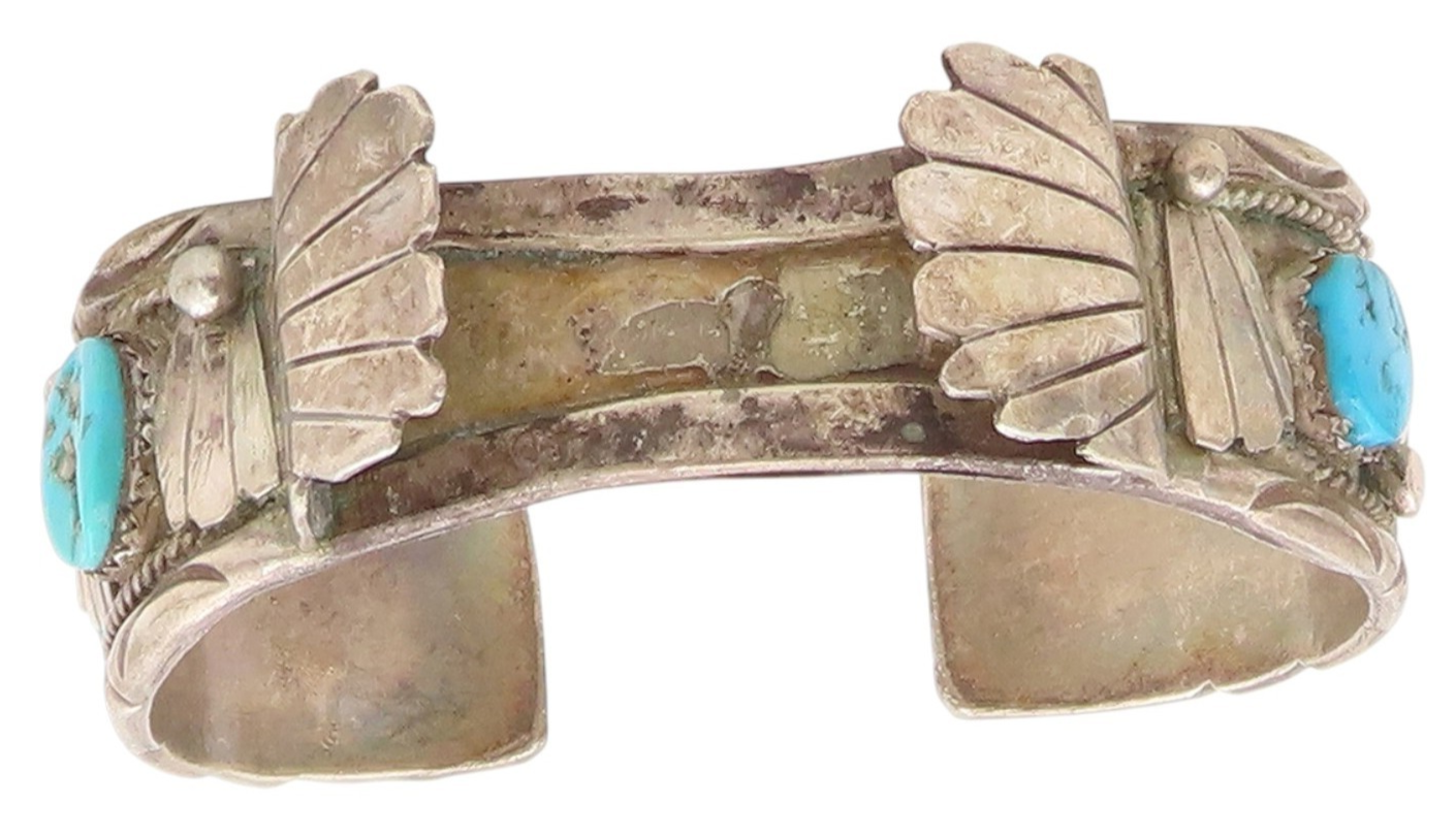 925 Sterling Silver Vintage Bracelet NAVAJO ZUNI Turquoise Watch Cuff  BT11592