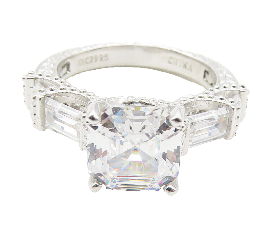 925 Sterling Silver  Cubic Zirconia Solitaire With Accents Ring Sz 5  RG11596