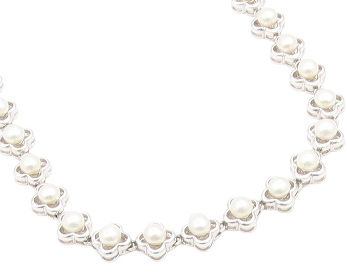 925 Sterling Silver Vintage Necklace White Pearl Elegant Floral Chain  NE4811