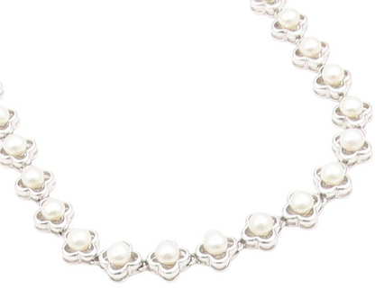 925 Sterling Silver Vintage Necklace White Pearl Elegant Floral Chain  NE4811
