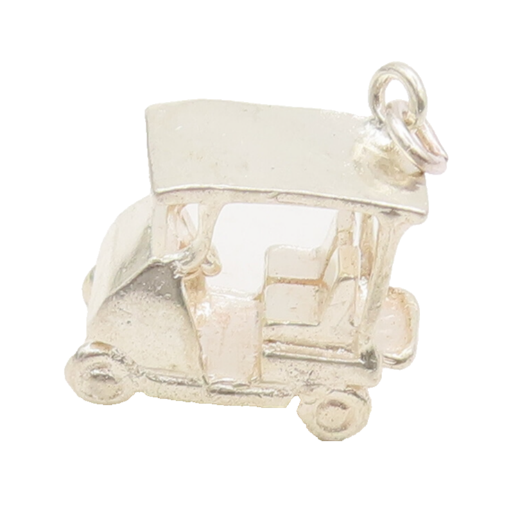 925 Sterling Silver  Vintage Solid Carved Golf Cart Charm Pendant  PT22378