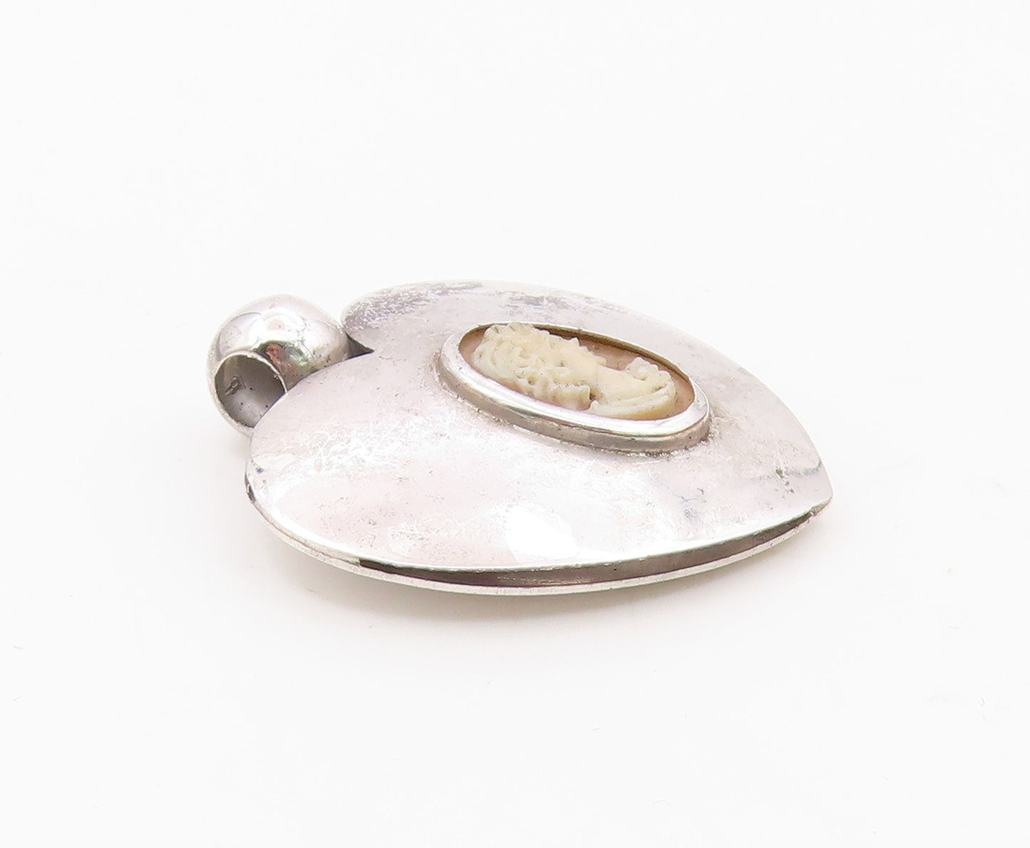 925 Silver  Vintage Polished Love Heart & Carved Lady Cameo Pendant  PT21441
