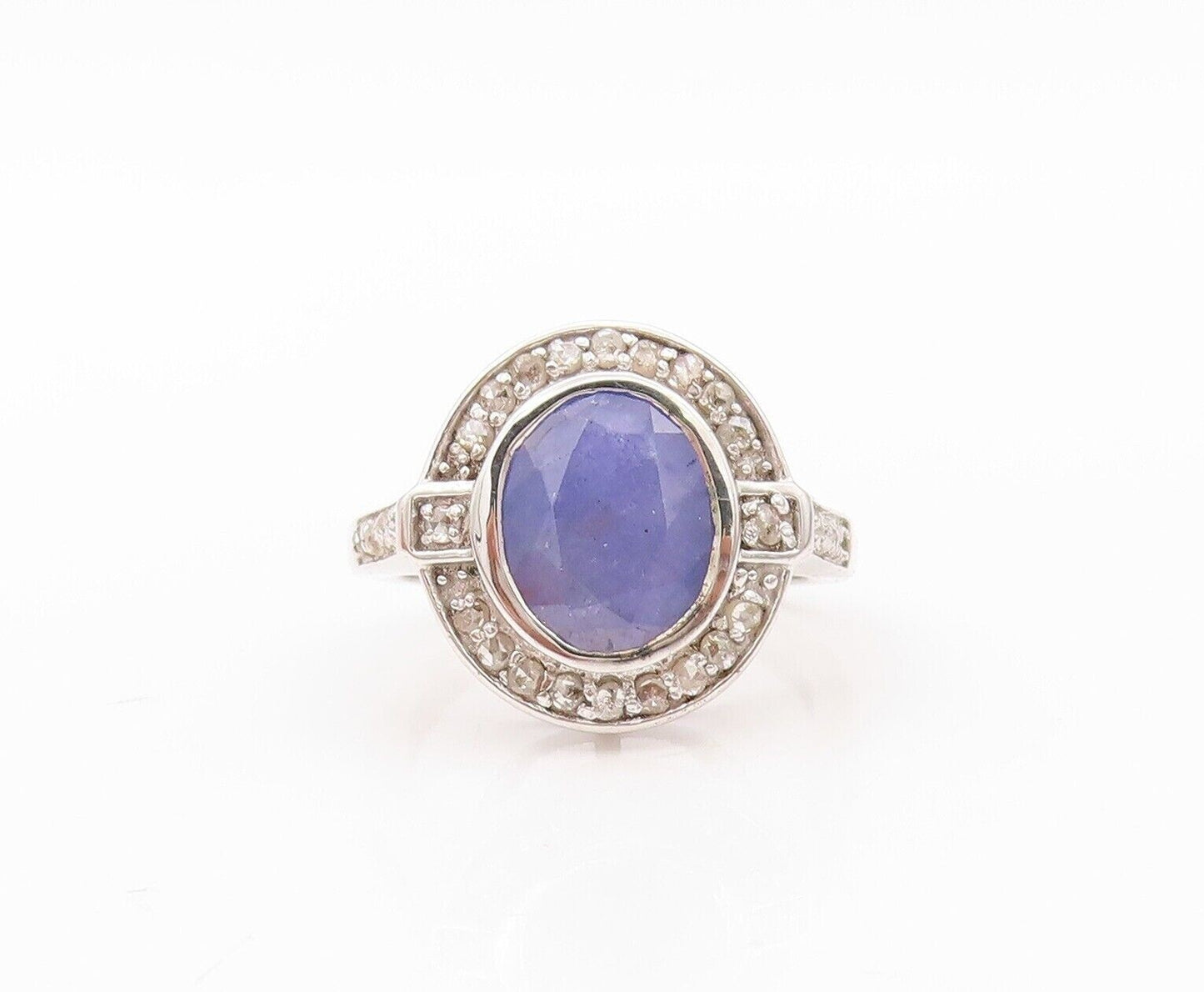 925 Sterling Silver Vintage Ring Oval Tanzanite Halo Diamonds  Sz 7  RG30182