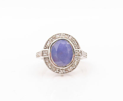 925 Sterling Silver Vintage Ring Oval Tanzanite Halo Diamonds  Sz 7  RG30182