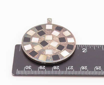 925 Sterling Silver Vintage Pendant Mother Of Pearl & Onyx Inlay Circle  PT26374
