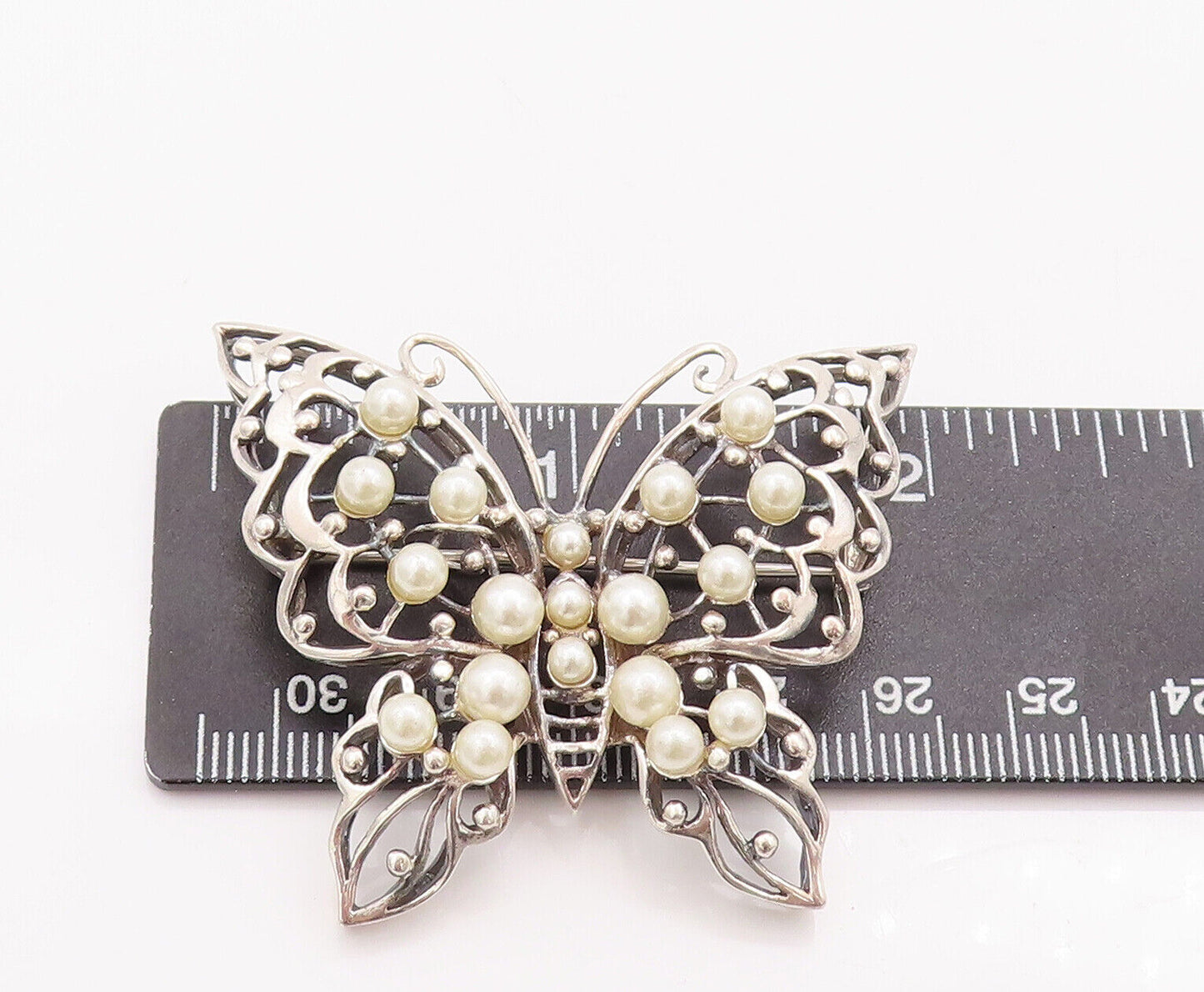 925 Sterling Silver Vintage Brooch Pin Swirly Cut Beaded Pearl Butterfly BP10820