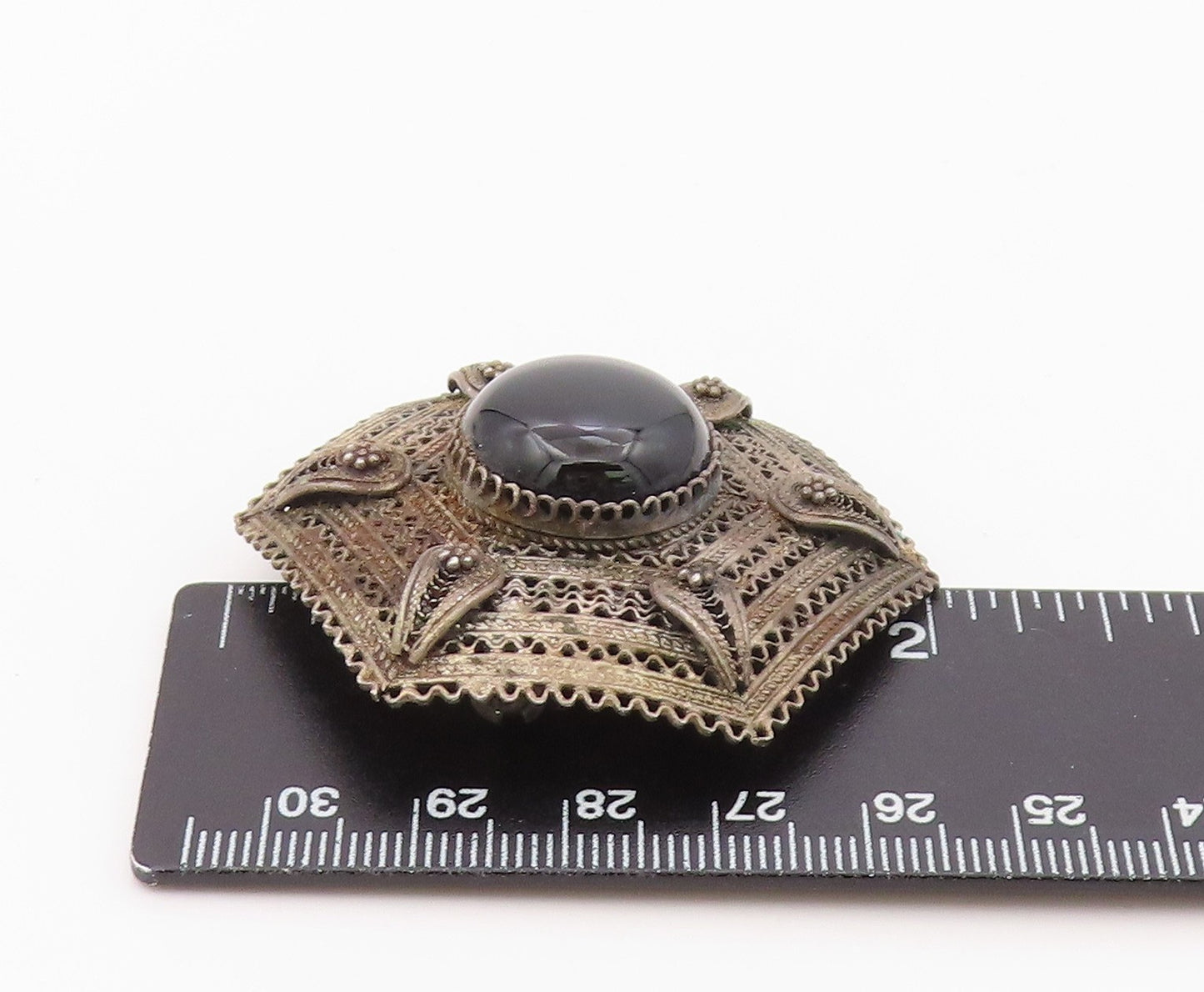 925 Sterling Silver Vintage Brooch Pin ISRAEL Onyx Geometric Filigree  BP12569