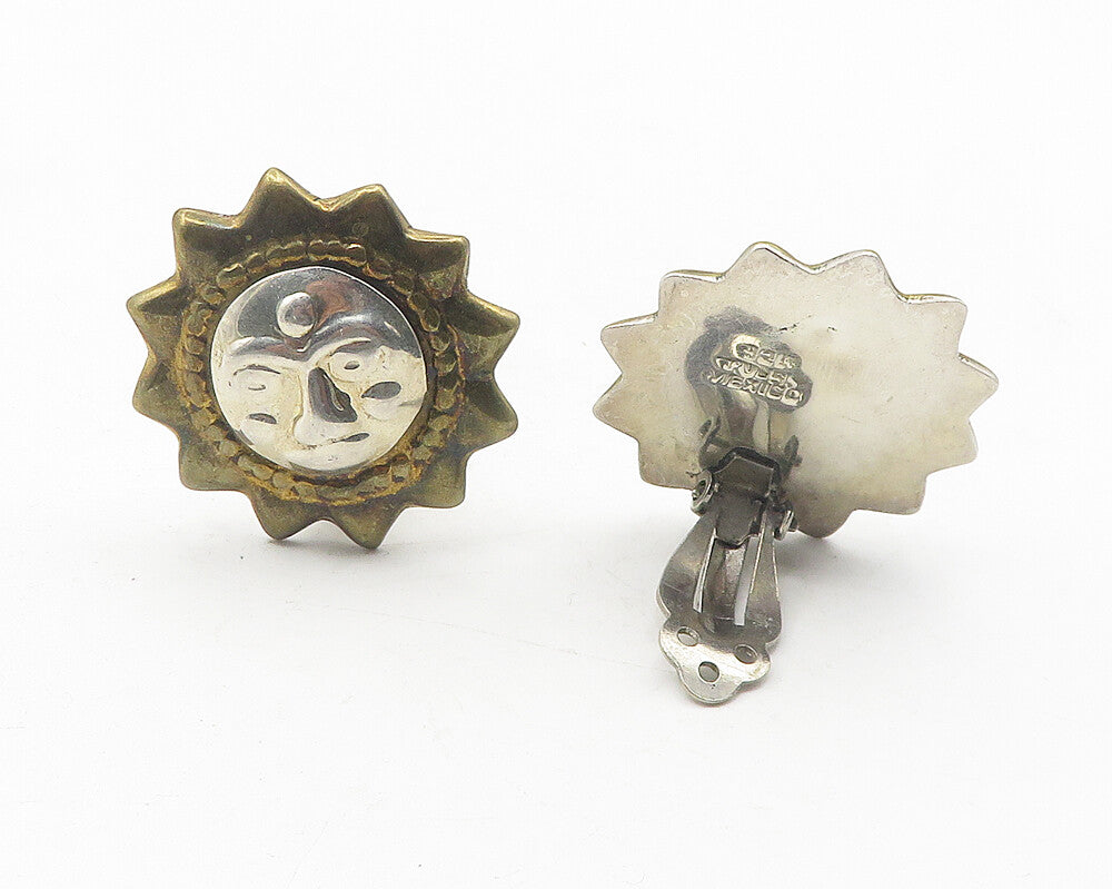 MEXICO 925 Sterling Silver  Vintage 2 Tone Sun Face Non Pierce Earrings EG6037