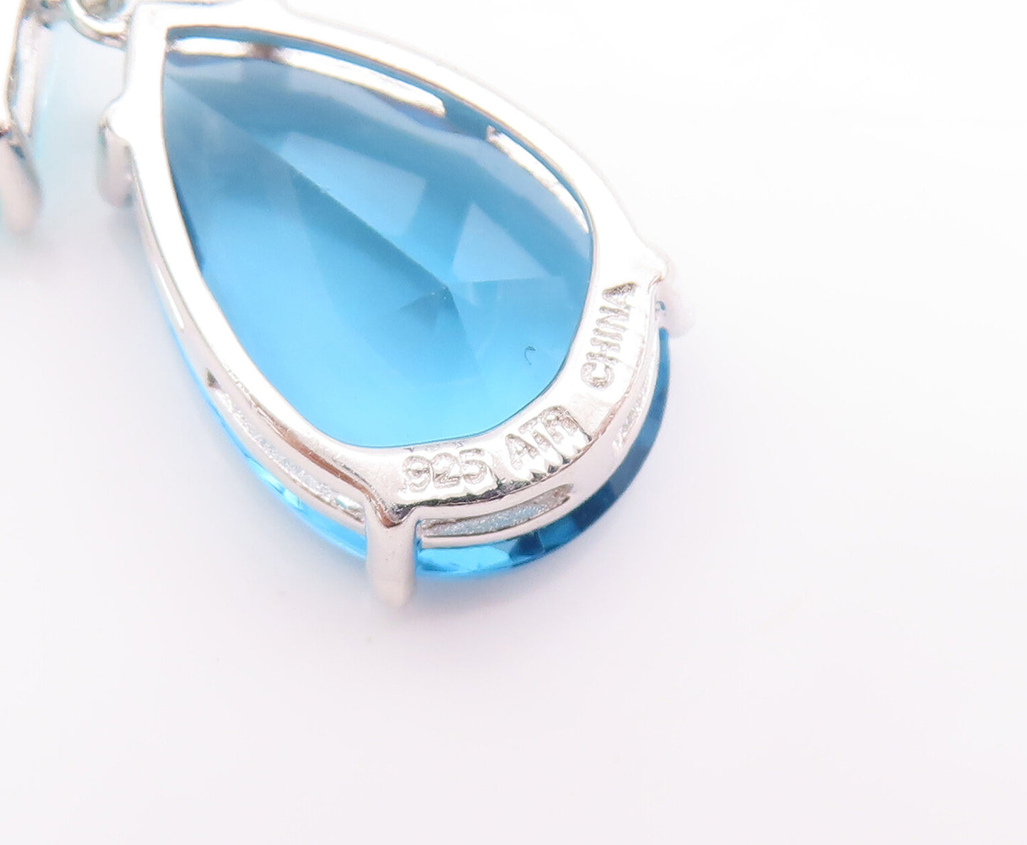 925 Sterling Silver Vintage Pendant Square & Drop Cut Two Tone Blue CZ  PT23077