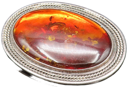 POLAND 925 Silver  Vintage Rope Twist Border Baltic Amber Brooch Pin  BP9557