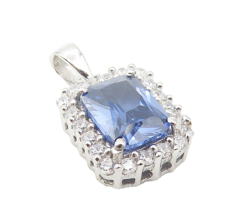 925 Sterling Silver  Shiny Tanzanite & Topaz Square Drop Pendant  PT9313
