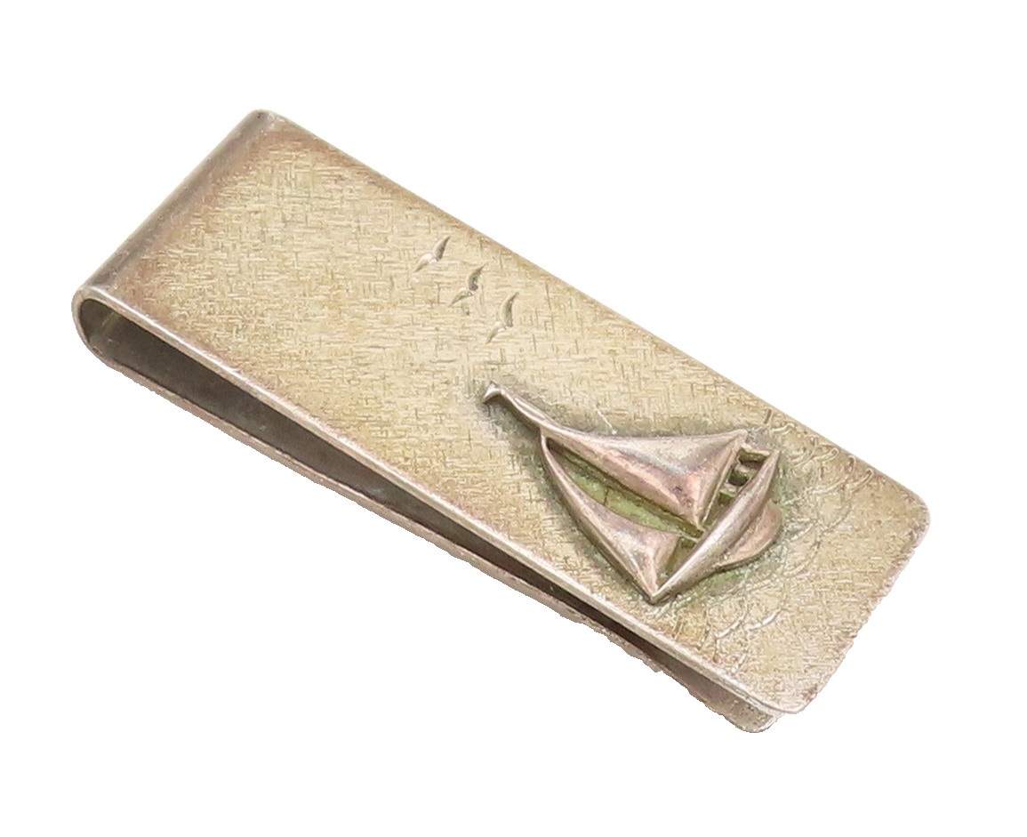 B.A.B 925 Silver  Vintage Minimalist Carved Sailing Ship Tie Clip  TR3666