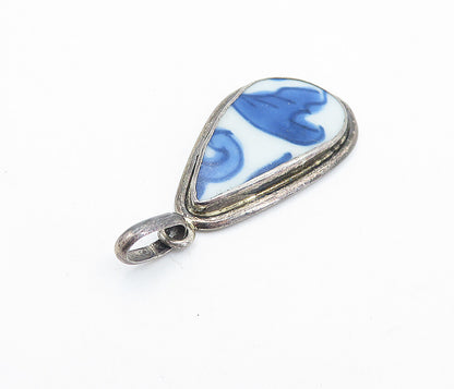 925 Sterling Silver  Vintage Enamel Floral Art Tear Drop Pendant  PT4045