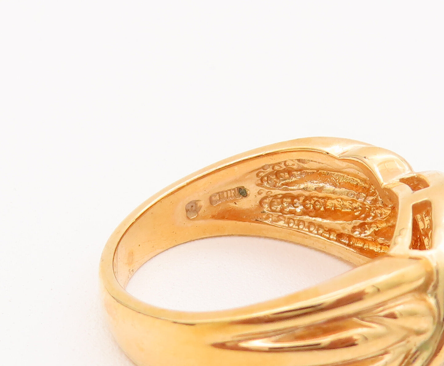 925 Sterling Silver Vintage Ring Gold Plated Carved Cream Gemstone Sz 9  RG28032